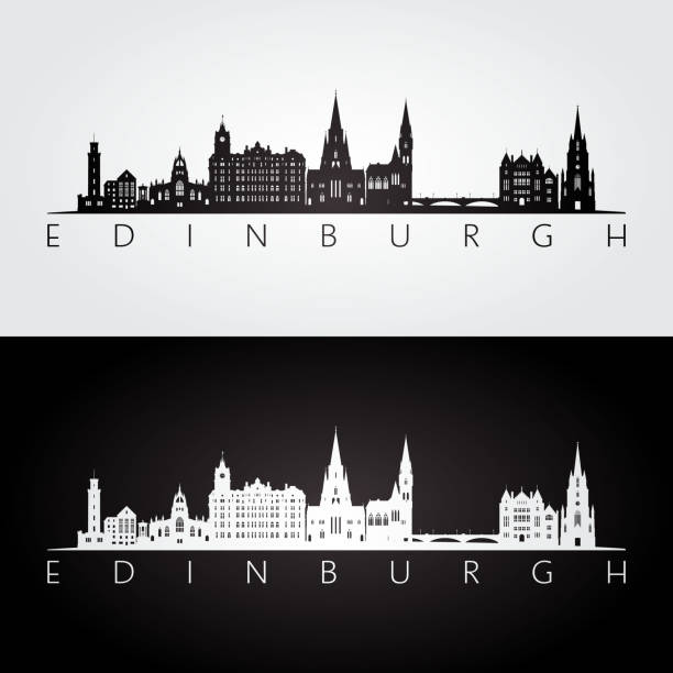 illustrations, cliparts, dessins animés et icônes de edinburgh skyline et repères silhouette, noir et blanc design, illustration vectorielle. - edinburgh scotland castle skyline