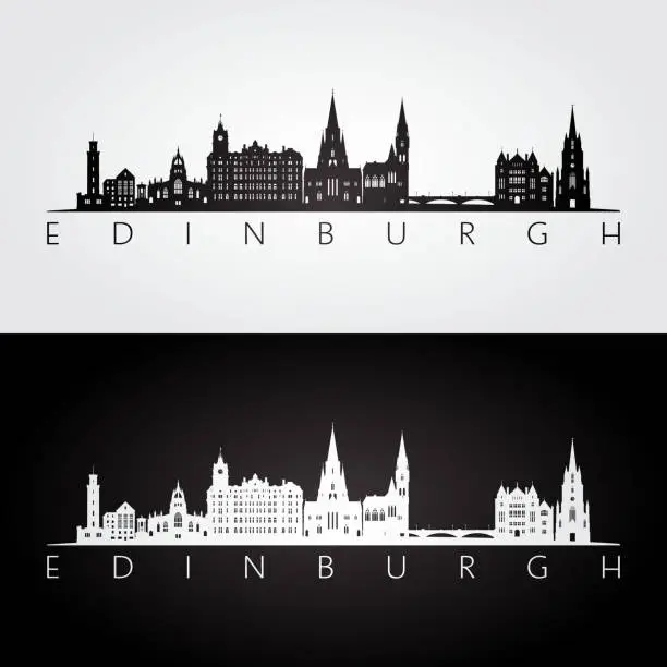 Vector illustration of Edinburgh skyline and landmarks silhouette, black and white design, vector illustration.