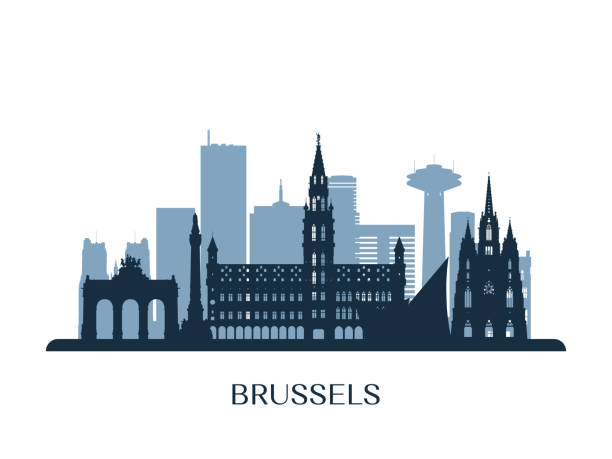 illustrazioni stock, clip art, cartoni animati e icone di tendenza di skyline di bruxelles, silhouette monocromatica. illustrazione vettoriale. - belgium