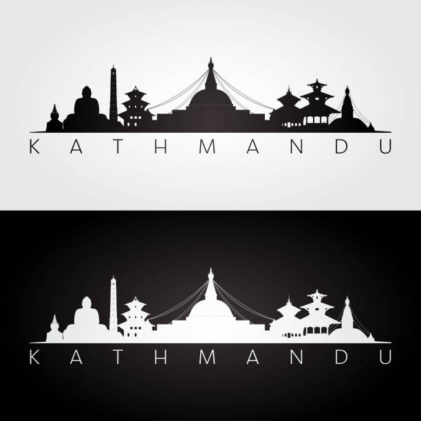 illustrazioni stock, clip art, cartoni animati e icone di tendenza di skyline di kathmandu e silhouette di punti di riferimento, design in bianco e nero, illustrazione vettoriale. - kathmandu