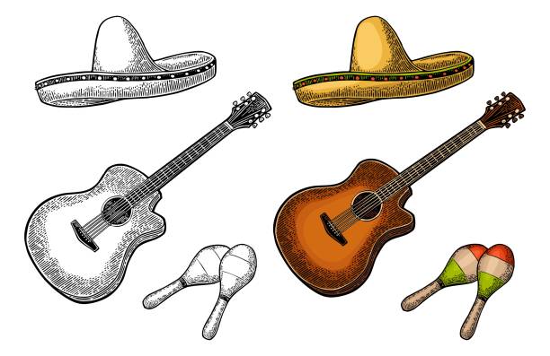 Set for poster mexican carnival. Guitar, maracas and sombrero. Set for poster mexican carnival. Guitar, maracas and sombrero. Vintage vector black and color engraving illustration. Isolated on white background. guitar drawings stock illustrations