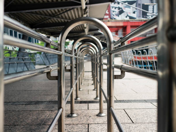 istock Stainless steel railing with pedestrian overpass. 953058568