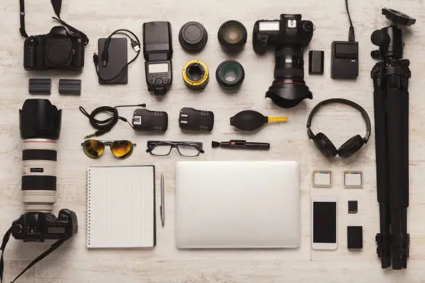 Photo of Diverse personal equipment for photographer