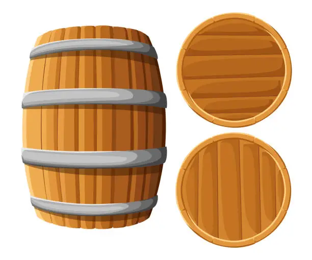 Vector illustration of Wooden barrel with iron rings. Isolated on white background. Vector wood beer barrel. Pub and bar menu, alcohol beverage label, brewery symbol design