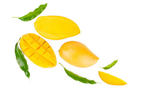istock Mango and leaves flat lay on isolated white background 953070276