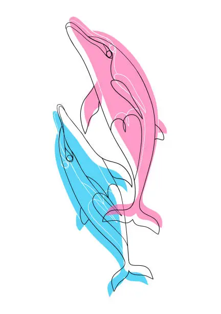 Vector illustration of Dolphins. Couple of blue-pink dolphins fall in love.