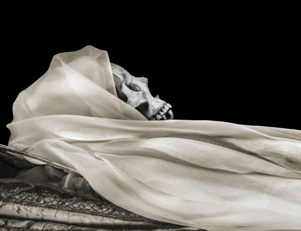 Woman Saint Skull Isolated Photo Side view shot woman nun skull at sleeping position isolated on black background angry nun stock pictures, royalty-free photos & images