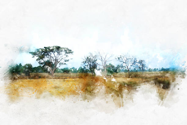 istock Abstract tree and field landscape watercolor painting background. 953074304