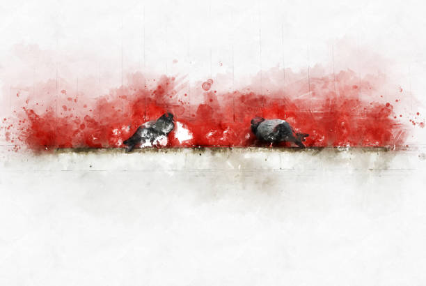 Abstract birds on watercolor painting background.