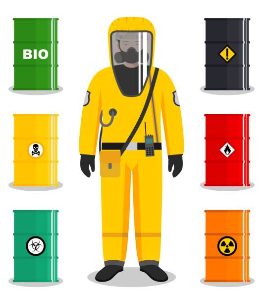 산업 개념입니다. 보호복에 작업자의 상세한 그림입니다. 오일, 바이오 연료, 폭발성, 화학, 방사능, 독성, 유해, 위험, 가연성 및 독성 물질에 대 한 금속 배럴. - radiation protection suit biology danger biochemical warfare stock illustrations