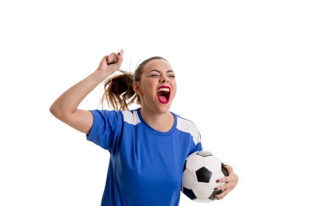 istock Fan / Sport Player on blue uniform celebrating on white background 953074992