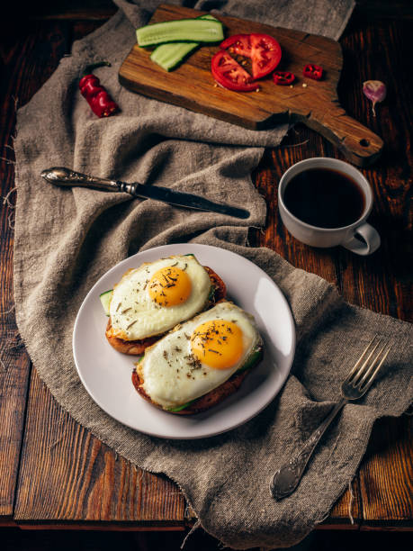 istock Breakfast toasts with vegetables and fried eggs with cup of coff 953078820