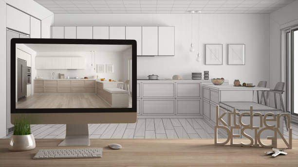 istock Architect designer project concept, wooden table with house keys, 3D letters words kitchen design and desktop showing draft, blueprint CAD sketch in the background, white interior designn 953081414