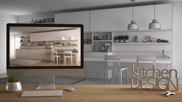 istock Architect designer project concept, wooden table with house keys, 3D letters words kitchen design and desktop showing draft, blueprint CAD sketch in the background, white interior design 953081494