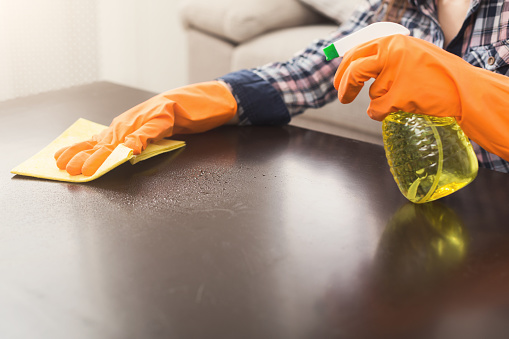 Woman using spray cleaner on wooden surface. Unrecognizable girl polishing furniture, housework and chores concept, copy space, closeup