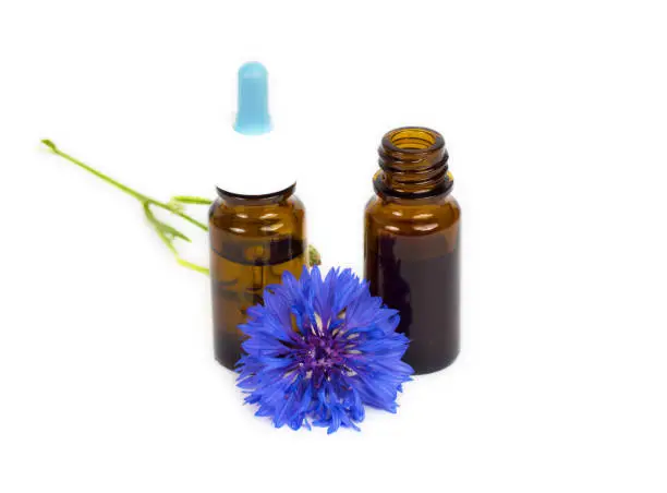 herbal essential oil in glass bottles and blue flower isolated on white background