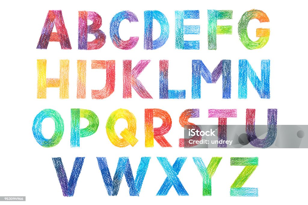 Sans Serif Gothic Grotesk alphabet drawing in color pencils Sans Serif Gothic Grotesk alphabet drawing in color pencils. Typescript stock illustration