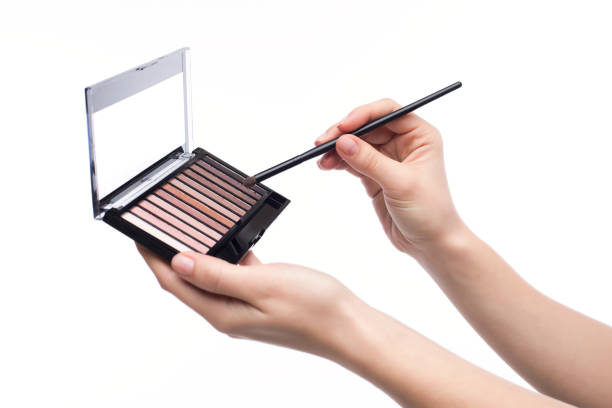 Female hands holding visage brush and eye shadows pallette isolated on white. Beauty accessories, cutout