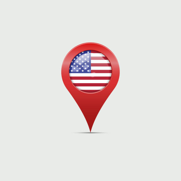 ライトグレーの背景の影と大きな赤い 3 d 米国マップ マーカー。ベクトルの図。アメリカの国旗の星ストライプ - big country点のイラスト素材／クリップアート素材／マンガ素材／アイコン素材