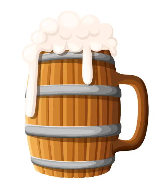 Vector illustration of illustration of wooden beer mug on isolated background. Old wood cup of beer, lager or ale with foam head. Pub and bar menu, alcohol beverage label, brewery symbol design