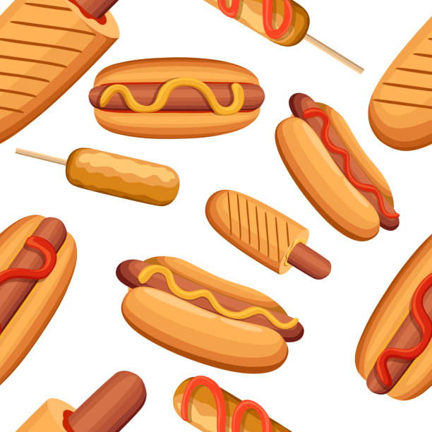 hot dog, mais hund. arten von fast-food-produkten. isolated on white background, vektor-illustration. nahtlose. - illustration and painting sandwich hungry beef stock-grafiken, -clipart, -cartoons und -symbole