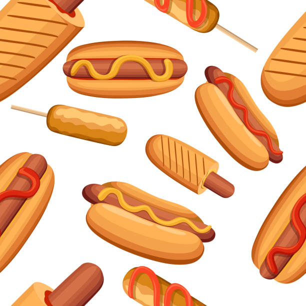 hot dog, pies kukurydziany. rodzaje fast foodów. izolowane na białym tle, ilustracja wektorowa. bezszwowy. - illustration and painting sandwich hungry beef stock illustrations