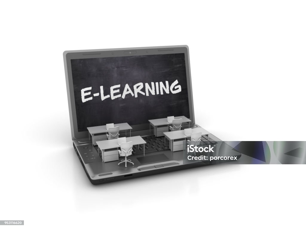 Ordenador portátil con el concepto de E-Learning - Render 3D - Foto de stock de Educación on-line libre de derechos