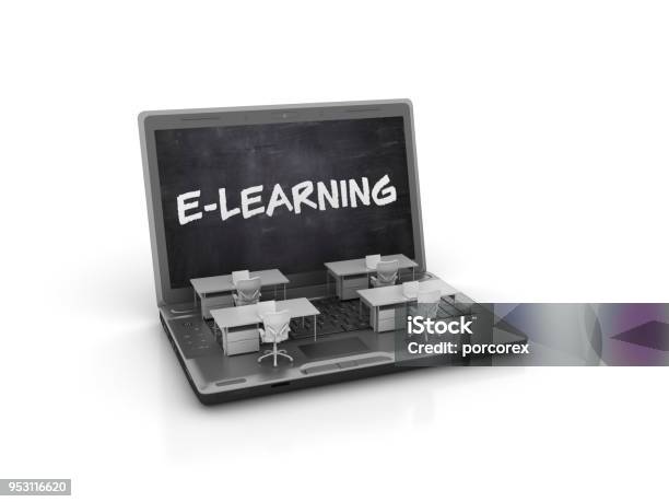 Ordenador Portátil Con El Concepto De Elearning Render 3d Foto de stock y más banco de imágenes de Educación on-line