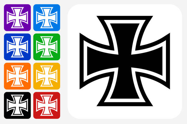 Iron Cross Icon Square Button Set Iron Cross Icon Square Button Set. The icon is in black on a white square with rounded corners. The are eight alternative button options on the left in purple, blue, navy, green, orange, yellow, black and red colors. The icon is in white against these vibrant backgrounds. The illustration is flat and will work well both online and in print. iron cross stock illustrations