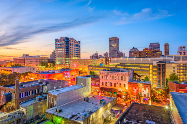Memphis Tennessee Beale Street Memphis, Tennesse, USA downtown cityscape at dusk over Beale Street. memphis tennessee stock pictures, royalty-free photos & images