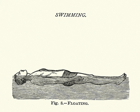 Vintage engraving of Victorians sports, Swimming, Learning float