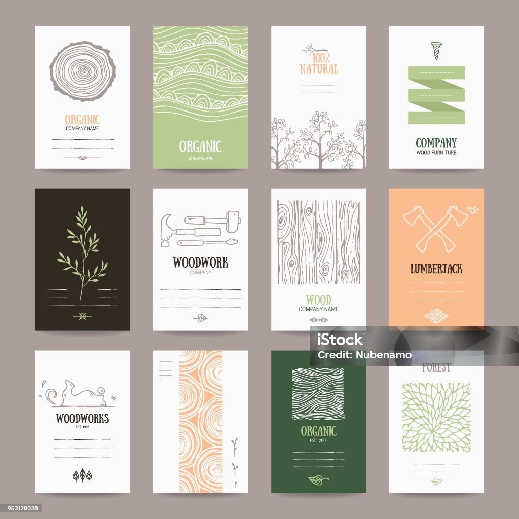 Wood Company, Woodwork, logging Industry Card Template Wood company business card, woodwork ad, furniture manufacture banner, natural goods flyer, organic shop poster. Artistic collection of templates with lumberjack tools, woody textures, tree branches. Logo stock vector