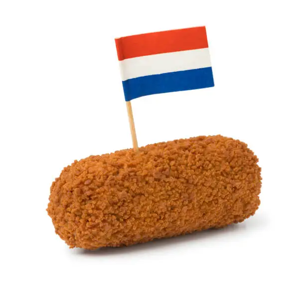 Single deep fried Dutch kroket with a Dutch flag isolated on white background