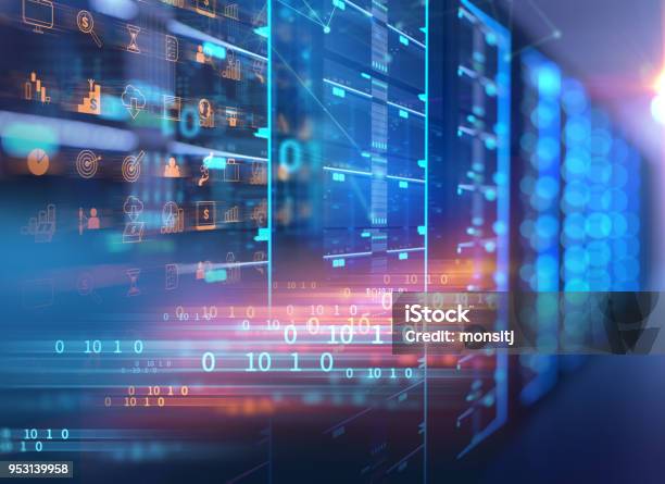 Ilustración 3d De Sala De Servidores Con Datos De Programación Diseño De Elemento Foto de stock y más banco de imágenes de Software de ordenador