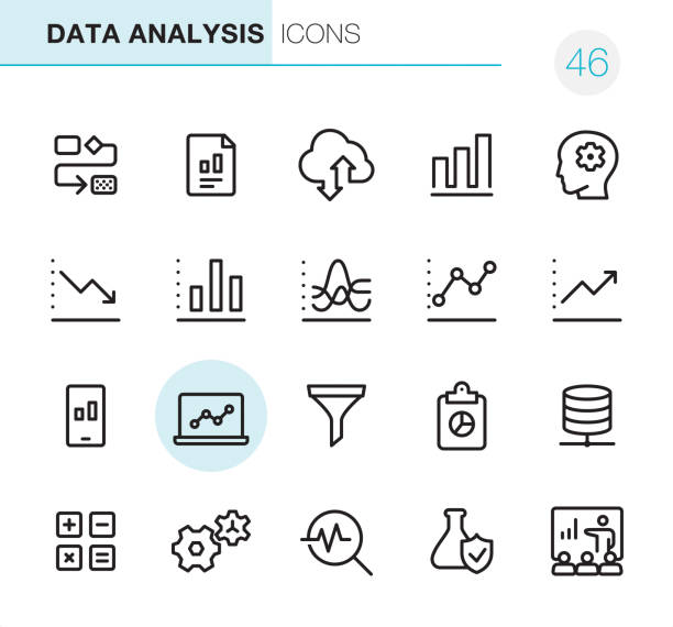 데이터 분석-픽셀 완벽 한 아이콘 - 돋보기 광학 기기 일러스트 stock illustrations