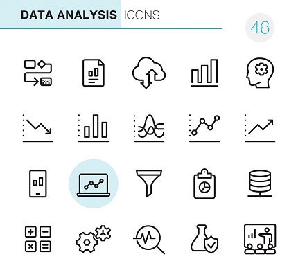 20 Outline Style - Black line - Pixel Perfect icons / Set #46
Icons are designed in 48x48pх square, outline stroke 2px.

First row of outline icons contains:
Organization Chart, Financial Report, Cloud Computing, Bar Graph, Brainstorming;

Second row contains:
Moving Down Chart, Bar Graph Chart, Dashboard Chart, Analyzing Chart, Moving Up Chart;

Third row contains:
Mobile Phone and Graph, Laptop Chart, Separating Funnel, Clipboard and Pie Chart, Network Server; 

Fourth row contains:
Calculator, Gears icon, Magnifying glass and Chart, Flask and Check mark, Conference.

Complete Primico collection - https://www.istockphoto.com/collaboration/boards/NQPVdXl6m0W6Zy5mWYkSyw