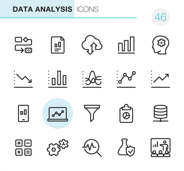 Data Analysis - Pixel Perfect icons 20 Outline Style - Black line - Pixel Perfect icons / Set #46
Icons are designed in 48x48pх square, outline stroke 2px.

First row of outline icons contains:
Organization Chart, Financial Report, Cloud Computing, Bar Graph, Brainstorming;

Second row contains:
Moving Down Chart, Bar Graph Chart, Dashboard Chart, Analyzing Chart, Moving Up Chart;

Third row contains:
Mobile Phone and Graph, Laptop Chart, Separating Funnel, Clipboard and Pie Chart, Network Server; 

Fourth row contains:
Calculator, Gears icon, Magnifying glass and Chart, Flask and Check mark, Conference.

Complete Primico collection - https://www.istockphoto.com/collaboration/boards/NQPVdXl6m0W6Zy5mWYkSyw market intelligence stock illustrations