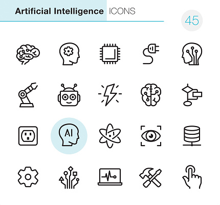 20 Outline Style - Black line - Pixel Perfect icons / Set #45 / 
Artificial Intelligence /Icons are designed in 48x48pх square, outline stroke 2px.

First row of outline icons contains:
Human Brain, Brainstorming, CPU, Electric Plug, Electronic Nerve Cell;

Second row contains:
Robotic Arm, Robot, Lightning (Idea), Digital Brain, Planning Chart;

Third row contains:
Electric Outlet, Artifiacial Intelligence, Nuclear Energy, Focus Eye, Network Server; 

Fourth row contains:
Gear icon, Circuit Board, Laptop Chart, Work Tool, Switch Button.

Complete Primico collection - https://www.istockphoto.com/collaboration/boards/NQPVdXl6m0W6Zy5mWYkSyw