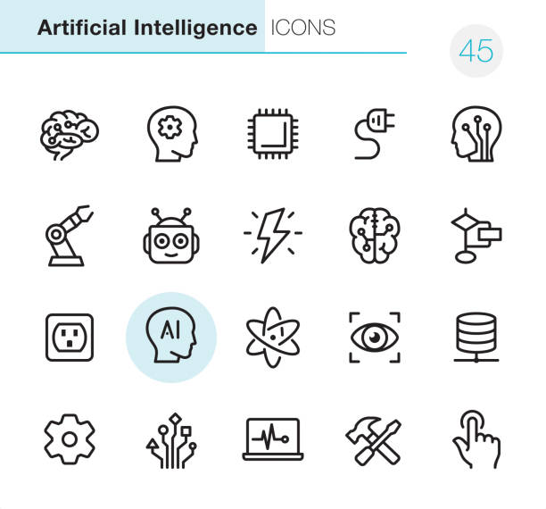 Artificial Intelligence - Pixel Perfect icons 20 Outline Style - Black line - Pixel Perfect icons / Set #45 / 
Artificial Intelligence /Icons are designed in 48x48pх square, outline stroke 2px.

First row of outline icons contains:
Human Brain, Brainstorming, CPU, Electric Plug, Electronic Nerve Cell;

Second row contains:
Robotic Arm, Robot, Lightning (Idea), Digital Brain, Planning Chart;

Third row contains:
Electric Outlet, Artifiacial Intelligence, Nuclear Energy, Focus Eye, Network Server; 

Fourth row contains:
Gear icon, Circuit Board, Laptop Chart, Work Tool, Switch Button.

Complete Primico collection - https://www.istockphoto.com/collaboration/boards/NQPVdXl6m0W6Zy5mWYkSyw learning symbols stock illustrations
