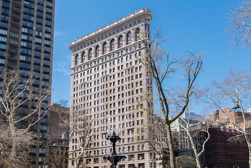 View of the Flatiron Building from Madison Square Park at midtown Manhattan, USA