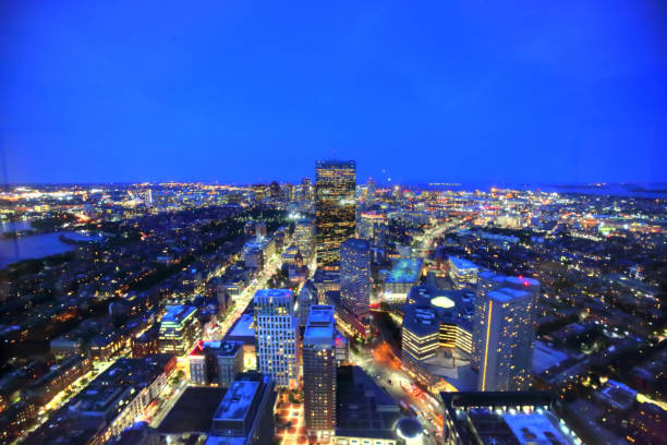 boston panoramic view at night - boston skyline charles river river imagens e fotografias de stock