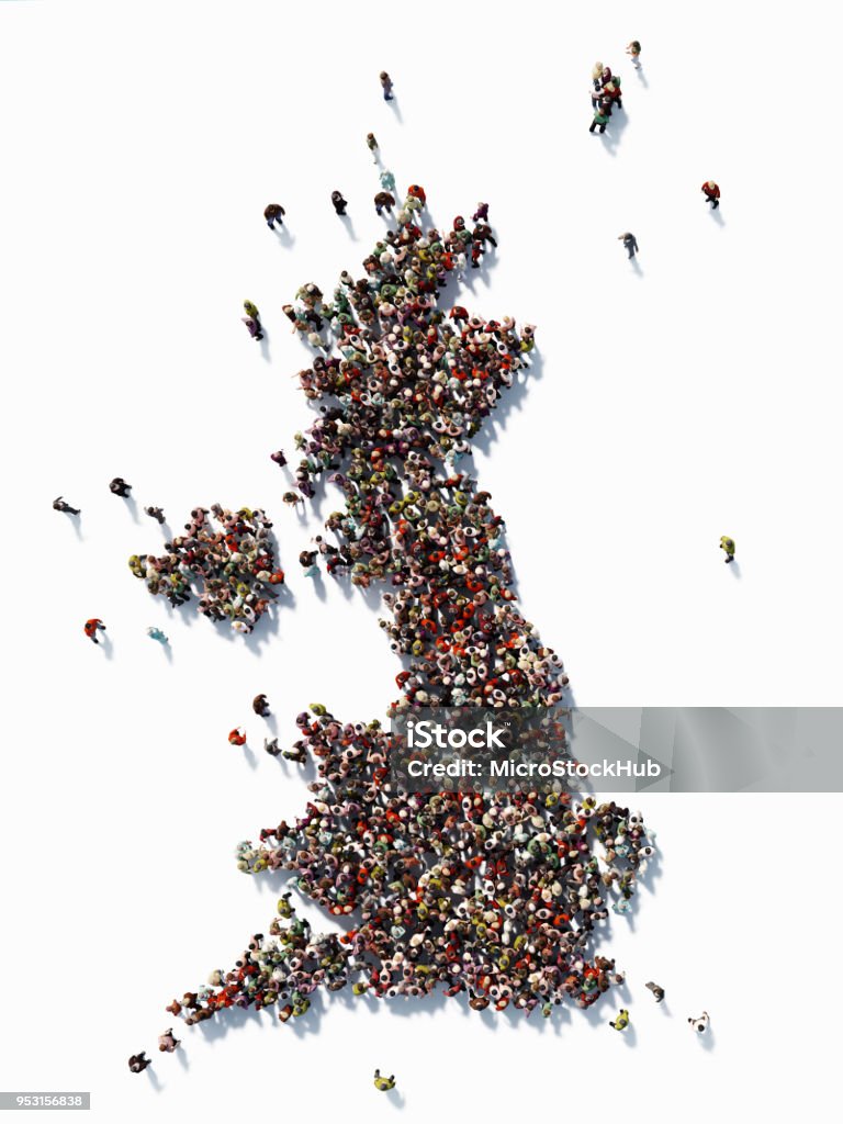 Human Crowd Forming A Great Britain Map: Population And Social Media Concept Human crowd forming a big Great Britain  map on white background. Vertical composition with copy space. Clipping path is included. Population and Social Media concept. UK Stock Photo