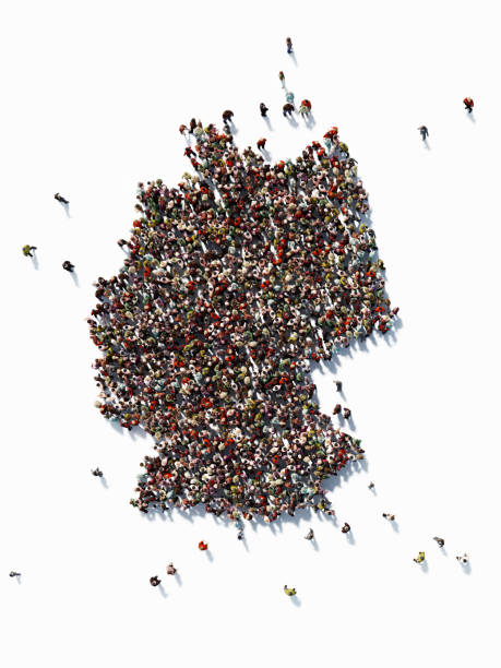 Human crowd forming a big Germany map on white background. Vertical composition with copy space. Clipping path is included. Population and Social Media concept.