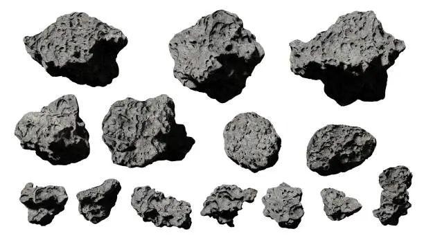 Photo of group of asteroids isolated on white background (3d rendering)