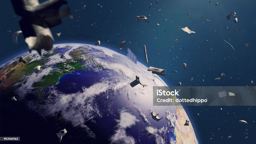 space debris in Earth orbit, dangerous junk orbiting around the blue planet artist's interpretation of space trash objects circling planet Earth Outer Space Stock Photo