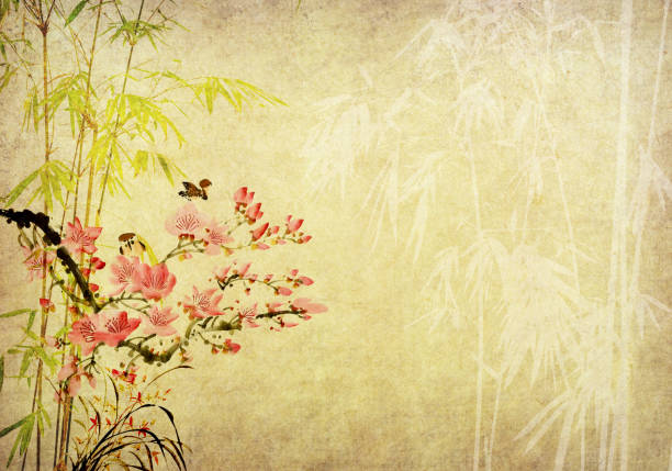 tradycyjny chiński obraz wiosenny kwiat śliwki i ptaki - plum red black food stock illustrations