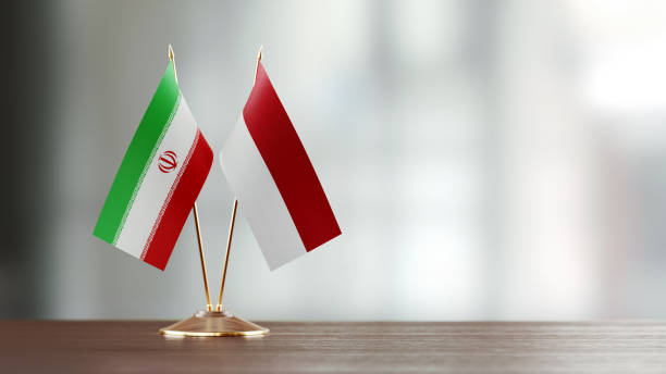 istock Iranian And Indonesian Flag Pair On A Desk Over Defocused Background 953167796