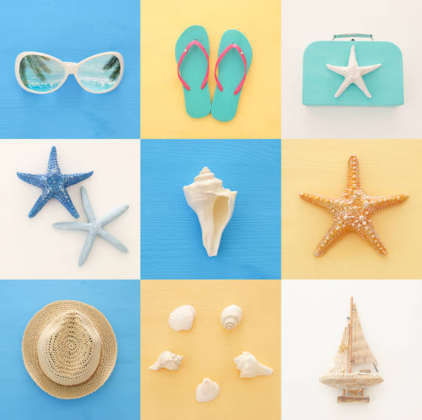 istock nautical collage with sea life style objects over blue and white wooden background. 953168286