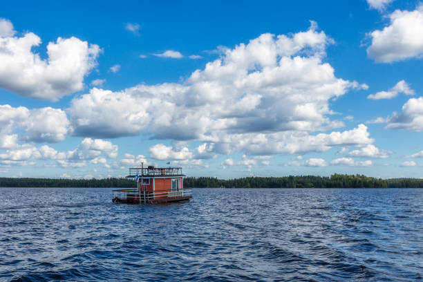 Floating sauna on the beautiful lake in Finland