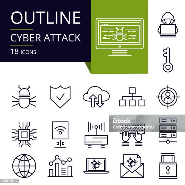 Set Of Outline Icons Of Cyber Attack Stock Illustration - Download Image Now - Icon Symbol, Computer Hacker, Security